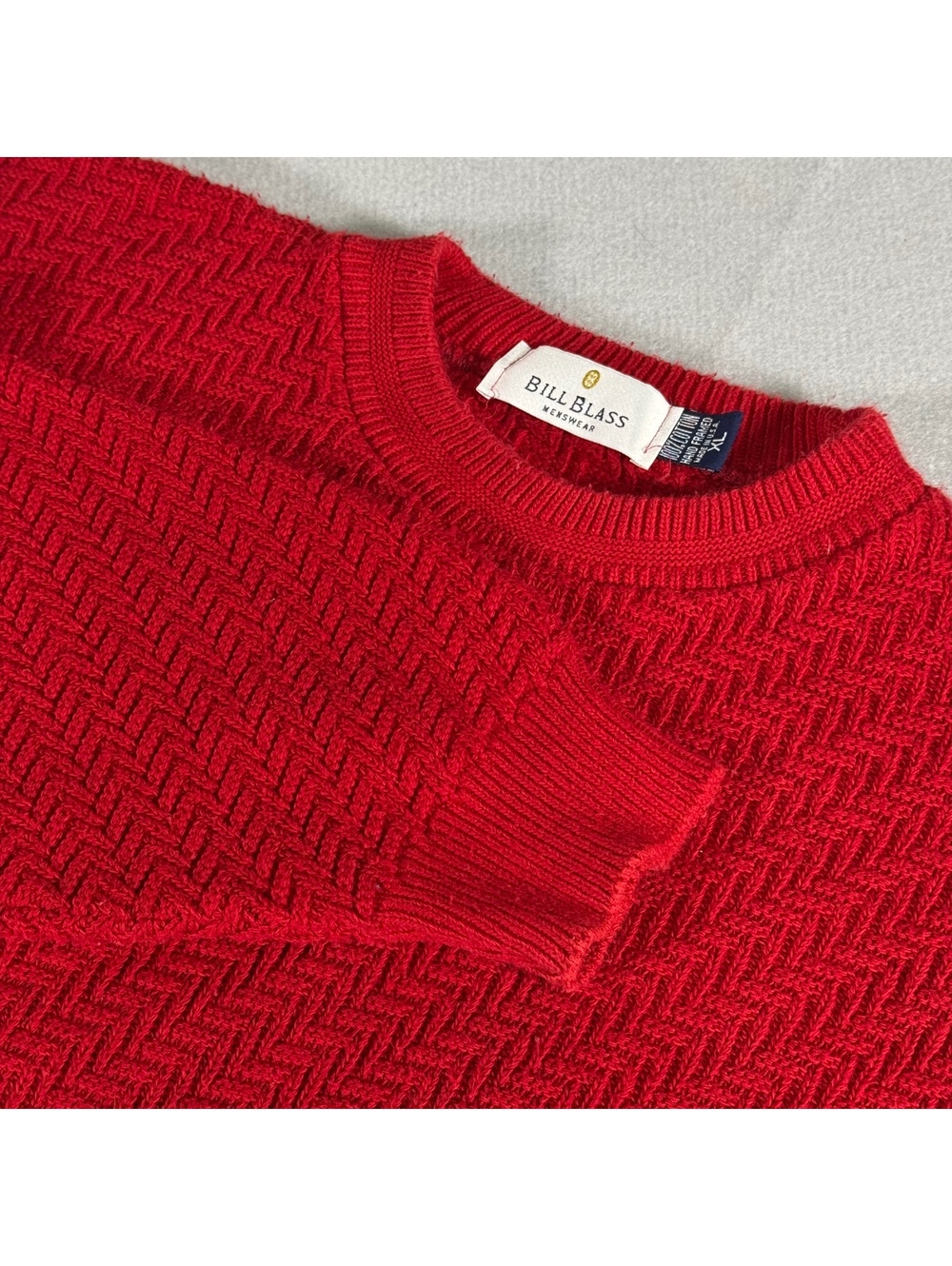 VTG 90s BILL BLASS Sweater 100% Cotton Basket Knit XL Red Hand Frame USA Made